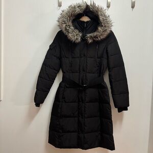 Women's Black Fur-Trimmed Hooded Coat
